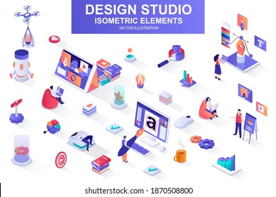 Design studio bundle of isometric elements. Ui UX design, font typography, front end development, interface design, website prototyping isolated icons. Isometric vector illustration kit with people.