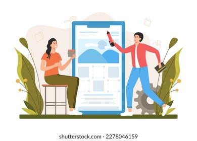 Design studio color concept with people scene in the flat cartoon style. Team of creative designers create new big project on the studio. Vector illustration.