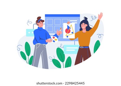Design Studio-Farbkonzept mit Menschen-Szene im flachen Cartoon-Stil. Team von kreativen Designern erstellt Skizzen für Projekte. Vektorgrafik.