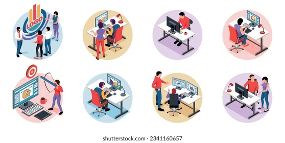 Design studio compositions set with male and female designers working on computers in office isometric isolated vector illustration