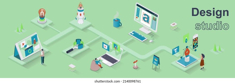 Design studio concept 3d isometric web banner. People work on creative project, make graphics and logos, select colors, develop interfaces. Vector illustration for landing page and web template design