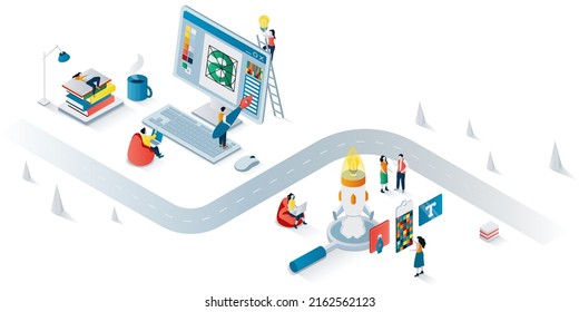 Design studio concept 3d isometric web banner. People designers work on creative projects, make brand logos, develop and launch products. Vector illustration for landing page and web template design