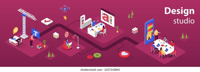 Design studio concept 3d isometric infographics web banner. People work in creative agency, create graphic content, develop logos and branding. Vector illustration in isometry graphic design