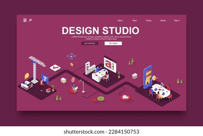 Design studio concept 3d isometric landing page template. People work in creative agency, create graphic content, develop logos and branding. Vector illustration in isometry graphic design.