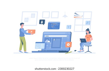 Design studio concept. Designers create content for the website, graphic elements, choose colors and fonts. Cartoon modern flat vector illustration for banner, website design, landing page.