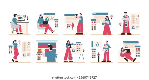 Design studio concept flat illustration set. Includes of visual design, custom design services, and design consultancy. Vector illustration isolated transparent background