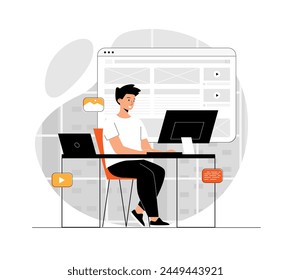 Design studio concept. Graphic designer work with landing web page, create UI UX design user interface. Illustration with people scene in flat design for website and mobile development.	
