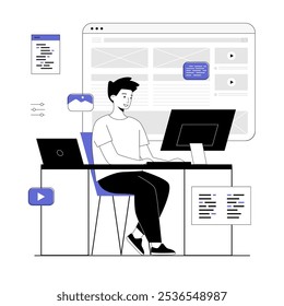 Design studio concept. Graphic designer work with landing web page, create UI UX design user interface. Vector illustration with line people for web design.	
