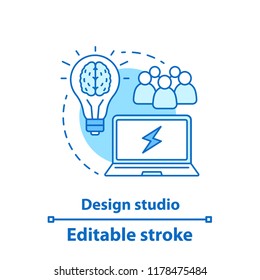 Design studio concept icon. Team creativity idea thin line illustration. Idea generation. Teamwork. Brainstorm. Vector isolated outline drawing. Editable stroke