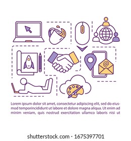 Design studio concept icon with text. Project collaboration. Freelancer work. Business communication. PPT page vector template. Brochure, magazine, booklet design element with linear illustrations