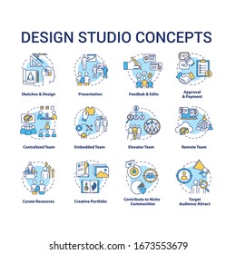 Design studio concept icons set. Designers team structure types and creative process steps idea thin line RGB color illustrations. Vector isolated outline drawings. Editable stroke