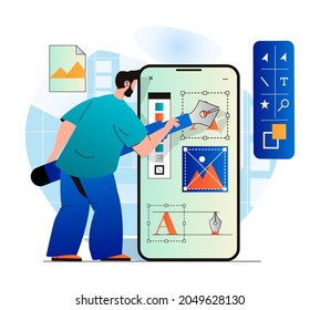 Design studio concept in modern flat design. Man designer drawing graphic elements using pen tool, creates pictures, works with fonts, optimizes interface of mobile application. Vector illustration