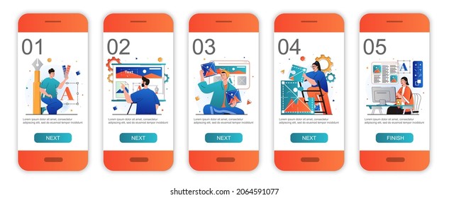 Design studio concept onboarding screens for mobile app templates. Designers draw layout elements. Modern UI, UX, GUI screens user interface kit with people scenes for web design. Vector illustration