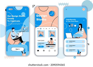 Design Studio Concept Onboarding Screens For Mobile App Templates. Designers Team Drawing And Working In Studio. UI, UX, GUI User Interface Kit With People Scenes For Web Design. Vector Illustration