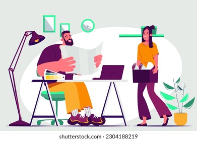 Design studio concept with people scene in the flat cartoon style. A team of designers are reviewing documents about a new project in the studio. Vector illustration.