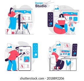 Design studio concept set. Designers draw images, layout elements, choose colors. People isolated scenes in flat design. Vector illustration for blogging, website, mobile app, promotional materials.