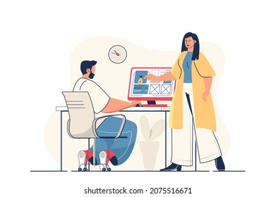 Design studio concept for web banner. Woman and man designers team create website layout and draw elements, modern person scene. Vector illustration in flat cartoon design with people characters