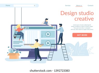 Design Studio Creative Horizontal Banner. Designers Creating Site Interface Working Together at Huge Computer Monitor, Put Web icons on Screen. Ui, Ux Developers Cartoon Flat Vector Illustration.