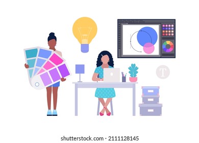 Design Studio. Designer erstellen ein neues Projekt. Vektorgrafik im Flachstil