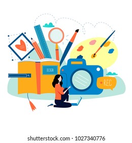 Design studio, designing, drawing, photographing, graphic design, education, creativity, art, ideas flat vector illustration. Online courses, books, tutorials for mobile and web graphics