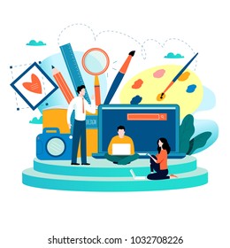 Design studio, designing, drawing, photographing, graphic design, education, creativity, art, ideas flat vector illustration. Online courses, books, tutorials for mobile and web graphics