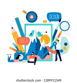 Design studio, designing, drawing, photographing, graphic design, education, creativity, art, ideas flat vector illustration. Online courses, workshops, tutorials for mobile and web graphics