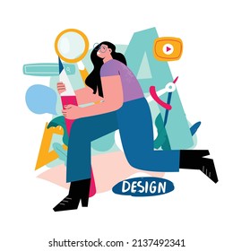 Estudio de diseño, diseño, diseño gráfico, dibujo, arte, ideas creativas, educación e ilustración vectorial plana. Concepto de cursos y tutoriales en línea para gráficos móviles y web
