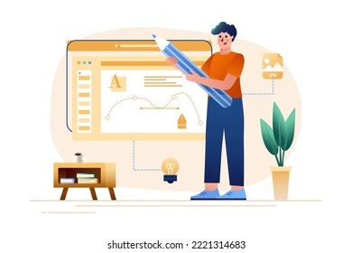 Design studio gradient concept with people scene in the flat cartoon design. Employee creates the design of new Internet pages. Vector illustration.