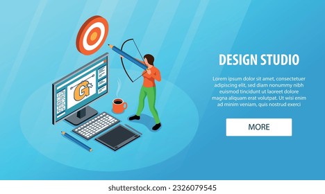 Design studio horizontal blue background website banner with female designer shooting at target 3d isometric vector illustration