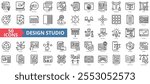 Design studio icon collection set. Contain concept, sketch, illustration, blueprint, prototype, draft, render, composition, typography, graphic, layout, color palette, texture, gradient, perspective