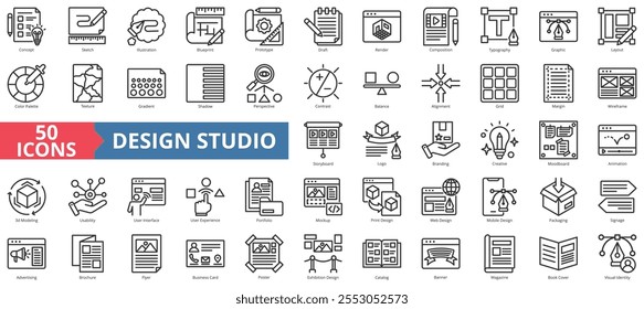 Conjunto de colección de iconos de estudio de diseño. Contiene concepto, bosquejo, ilustración, plano, prototipo, borrador, renderizado, composición, tipografía, gráfico, diseño, paleta de colores, textura, degradado, perspectiva