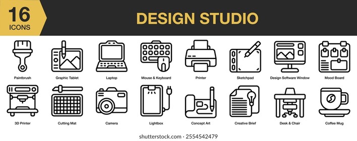 Design Studio icon set. Includes paintbrush, laptop, sketchpad, printer, lightbox, camera, 3d printer, and More. Outline icons vector collection.