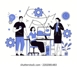 Design studio. Illustrators, artists are looking for creative ideas for art project. Concept of inspiration, creativity, development. Vector characters flat cartoon illustration.