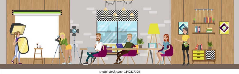 Design studio interior set. Creative people working together in a workspace, sharing ideas, drinking coffee etc. Girls make photos of product for website. Isolated flat vector illustration