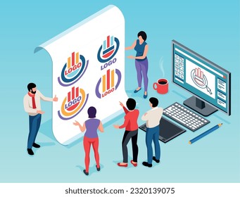 Design studio isometric concept with team of designers creating logo 3d vector illustration