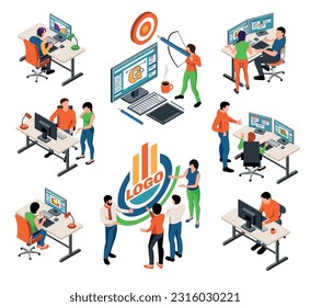 Design studio isometric set with people working on computers team of designers creating logo isolated vector illustration