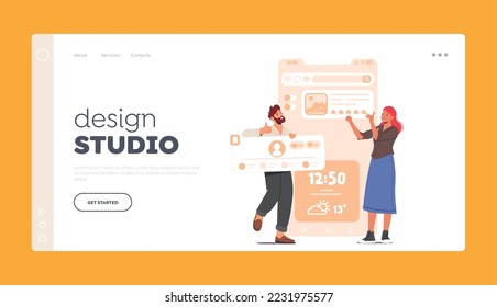 Plantilla de la página de inicio de Design Studio. Caracteres De Diseñador Que Trabajan En El Sitio Web O La Aplicación. Diseño Ui Ux Y Programación De Aplicaciones Móviles. Creación de prototipos de equipo. Ilustración del vector de dibujos animados