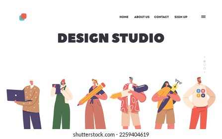 Vorlage für Landing Page von Design Studio. Creative People Team mit Tools zum Bilderschaffen. Charaktere stehen in Row mit Laptop, Tablet, Bleistift, Nib Pen und Pipette. Cartoon-Vektorgrafik