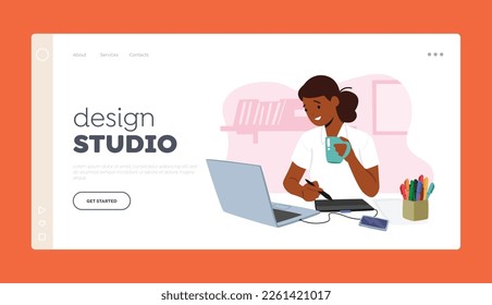 Design Studio Landing Page Template. Young Female Character Graphic Designer Seated At Desk Using Computer Making Sketch on Tablet at Workplace, Creative Woman. Cartoon People Vector Illustration