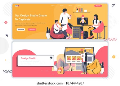 Diseño de páginas de inicio de estudio. diseño de UI UX, sitio web corporativo de flujo de trabajo de equipo creativo. Ilustración vectorial plana con caracteres de personas. El concepto web se utiliza como encabezado, pie de página o contenido medio.