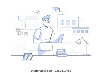 Design studio line concept with people scene in the flat cartoon design. Creative designer check his laptop for end new project. Vector illustration.