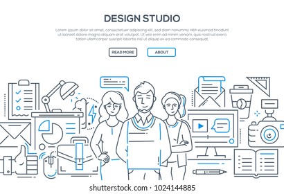 Design studio - modern line design style illustration on white background. Banner with heading, place for your text and information. Company staff, tools, processes, metaphors