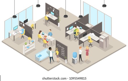 Design studio office in isometry with people working.