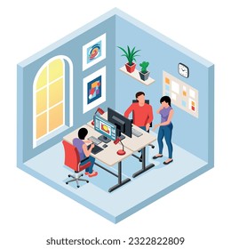 Design studio office with team of designers working on project together isometric isolated 3d vector illustration