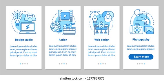Design studio onboarding mobile app page screen with linear concepts. Action, web design, photography steps graphic instructions. UX, UI, GUI vector template with illustrations