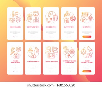 Design studio onboarding mobile app page screen with concepts set. Business work process organization walkthrough 5 steps graphic instructions. UI vector template with RGB color illustrations