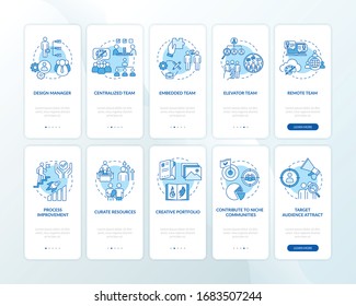 Design studio onboarding mobile app page screen with concepts set. Office job. Creative agency work walkthrough 5 steps graphic instructions. UI vector template with RGB color illustrations
