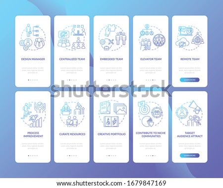 Design studio onboarding mobile app page screen with concepts set. Corporate project management walkthrough 5 steps graphic instructions. UI vector template with RGB color illustrations