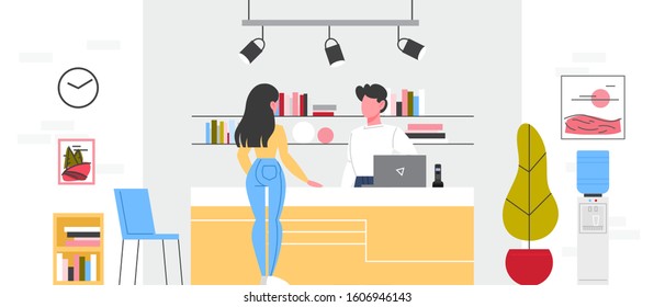 Design studio reception concept. Woker standing at the counter and helping a customer. Creative area, design projects. Isolated flat illustration