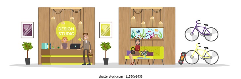 Design studio reception. Modern office interior with nice furniture, plants and paintings on the wall. Businesswoman waiting for an executive. Beautiful young woman standing at the counter.